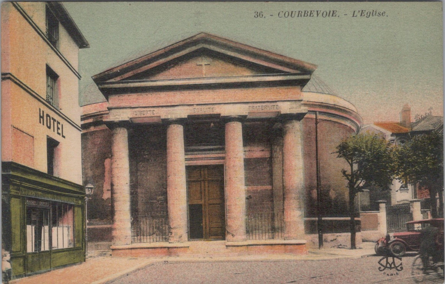 France Postcard: Courbevoie Saint Maurice Church Tinted Hotel Car 1920s XT3505