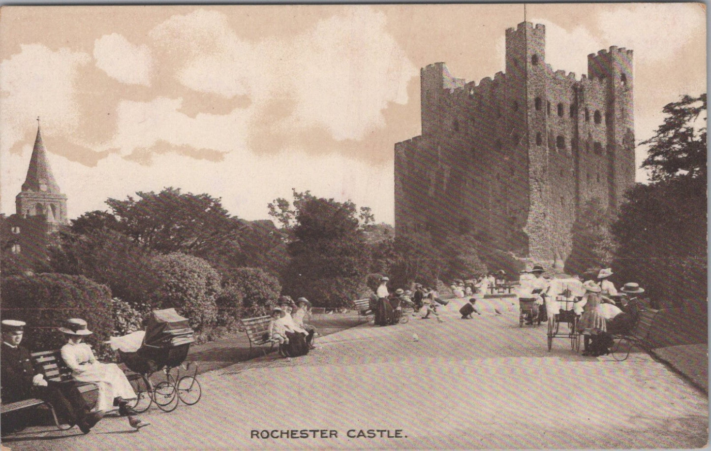 Kent Postcard: Rochester Castle Norman Keep, Gardens, People, Prams 1910's XT3571