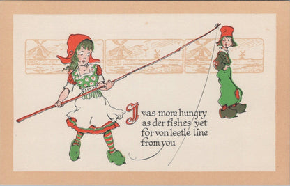 Dutch Kids Postcard: Girl Fishing Rod, Boy, Windmill Comic 1910s XT3626