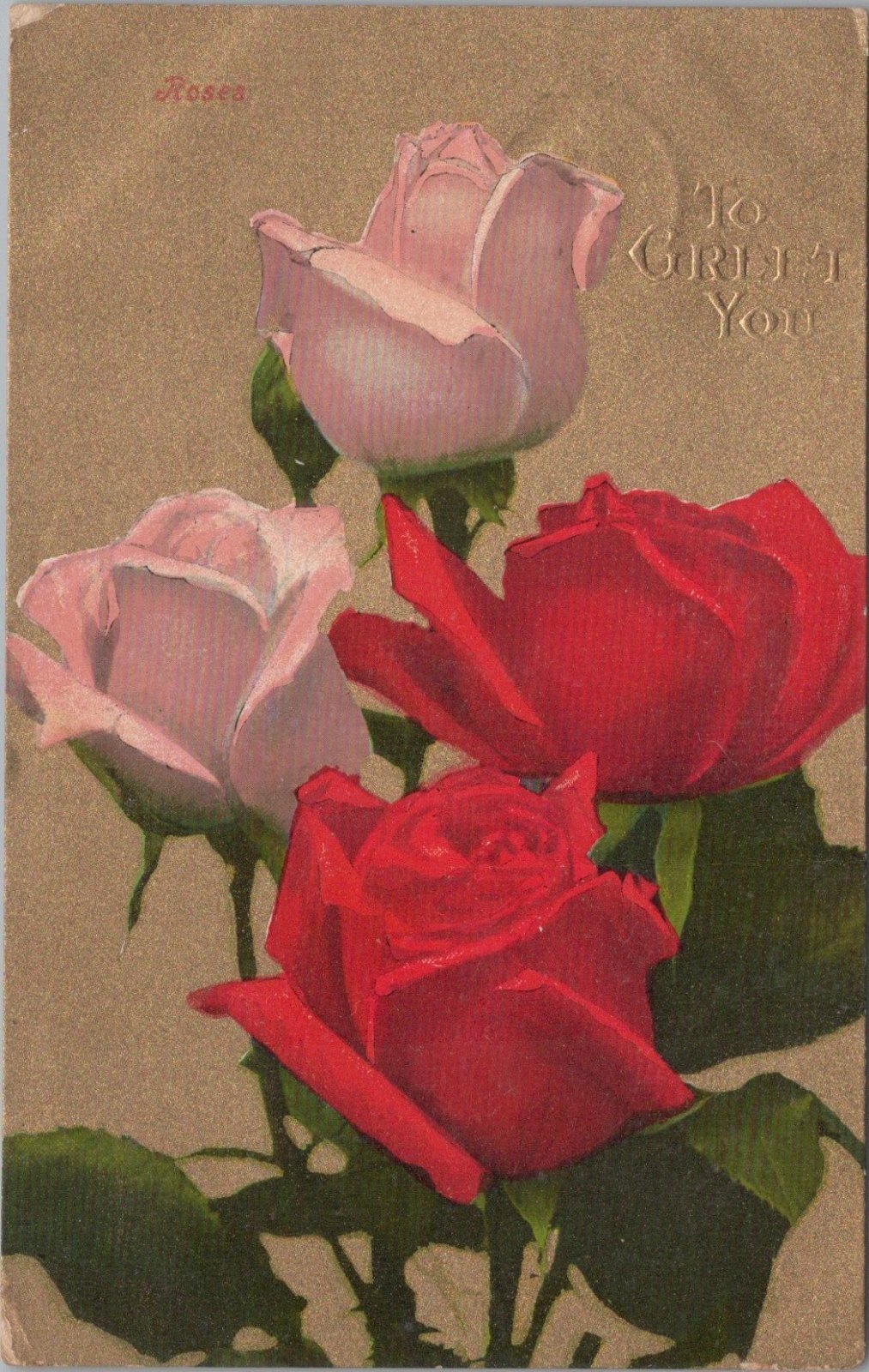 Greetings Postcard: Red Pink Rosea Roses Bouquet Embossed To Greet You  XT5649