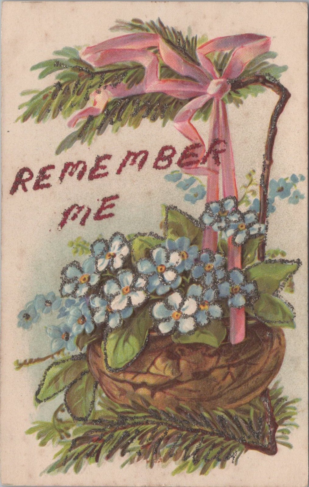 Remember Me Postcard: Glitter Forget-me-nots Flower Basket Pink Ribbon XT3645