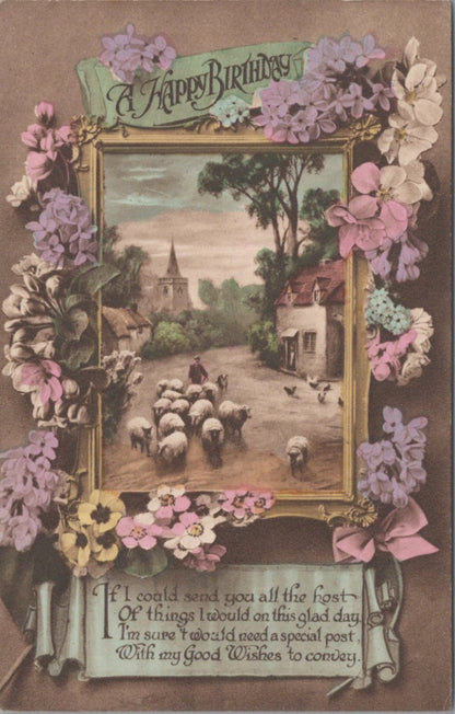 Birthday Postcard: Shepherd Sheep Flock Village Church Floral Border  XT3633
