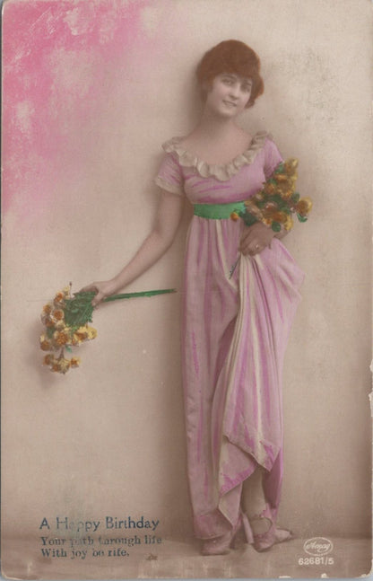 Birthday Postcard: Glamour Lady Pink Dress Flowers Greetings Amag 1910s XT5588