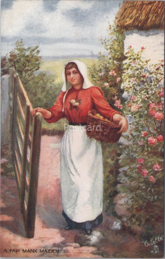 Isle Of Man Postcard: A Fair Manx Maiden, Girl Cottage Gate 1900's XT4358