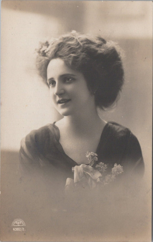 Fashion Postcard:Elegant Edwardian Lady Studio Portrait Flowers RPPC 1912 XT5651
