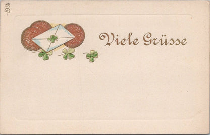 Greetings Postcard: Viele Grüsse Four Leaf Clovers Coins Envelope 1900s XT4985