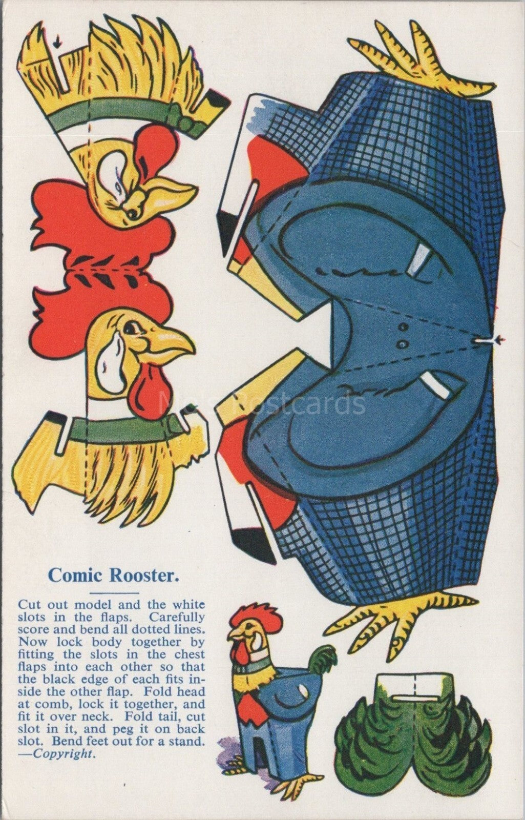 Novelty Postcard: Comic Rooster Cut Out Paper Toy Model Layout XT3536