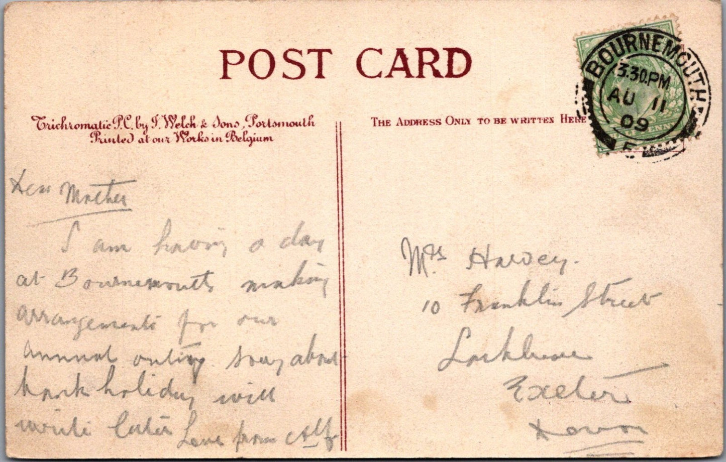 Dorset Postcard: Bournemouth Gardens Square Fountain Park Resort 1909 XT3465