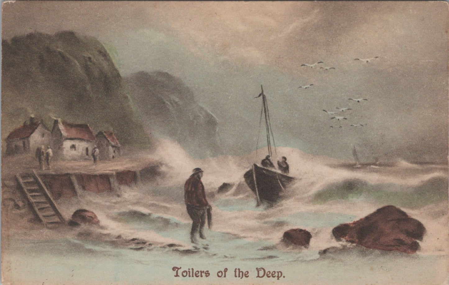 Toilers of the Deep Fishermen Fishing Boat Stormy Sea Postcard Art XT3493