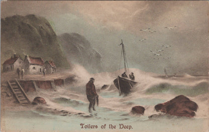 Toilers of the Deep Fishermen Fishing Boat Stormy Sea Postcard Art XT3493