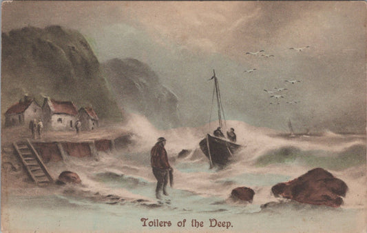 Toilers of the Deep Fishermen Fishing Boat Stormy Sea Postcard Art XT3493