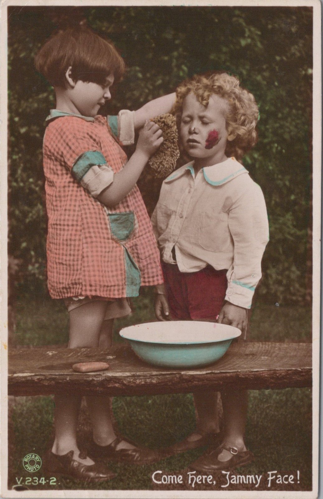 Humour Postcard: Come Here Jammy Face Children Washing Hand Coloured RPPC XT5639