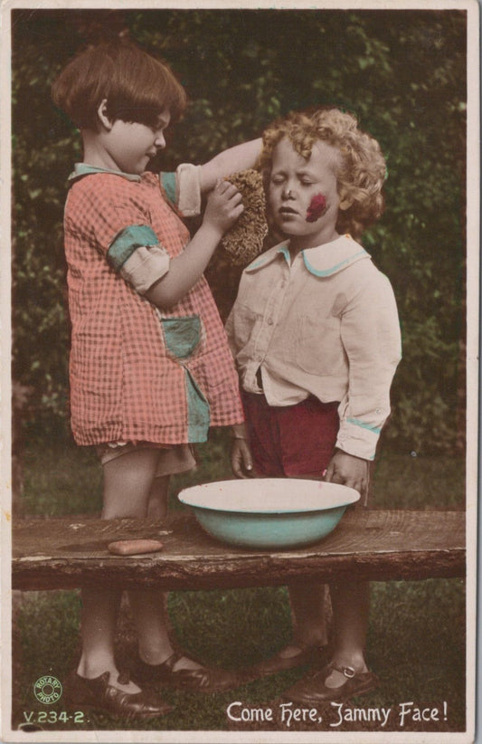 Humour Postcard: Come Here Jammy Face Children Washing Hand Coloured RPPC XT5639