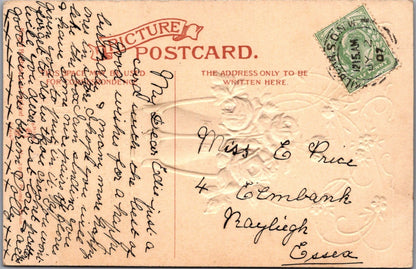Birthday Postcard: Embossed Pink Roses Art Nouveau Vase Greetings 1907 XT3644