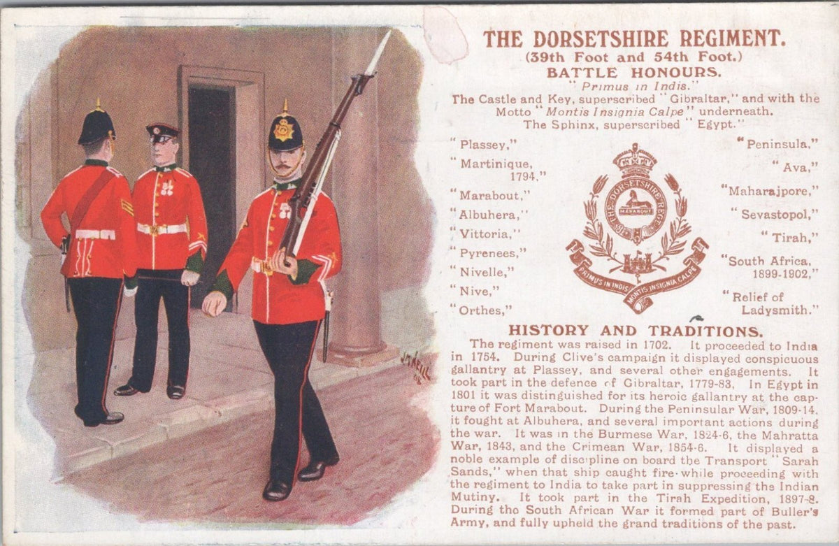 Military Postcard: Dorsetshire Regiment Battle Honours History Uniforms XT5091