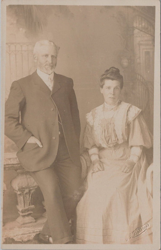 Fashion Postcard: Edwardian Couple Studio Portrait Smart Dress RPPC  XT5625