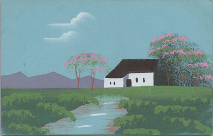 Hand Painted Art Postcard: Cottage House Mountain Stream Landscape 1930's XT4141