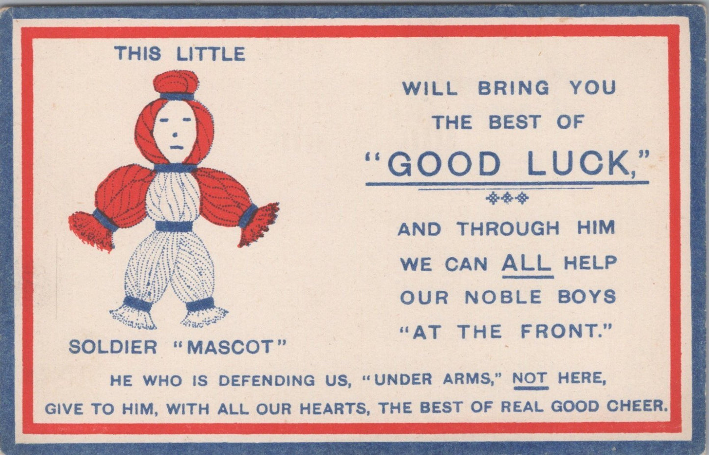 Patriotic Postcard: WWI Era Little Soldier Mascot Good Luck Token Back XT4122