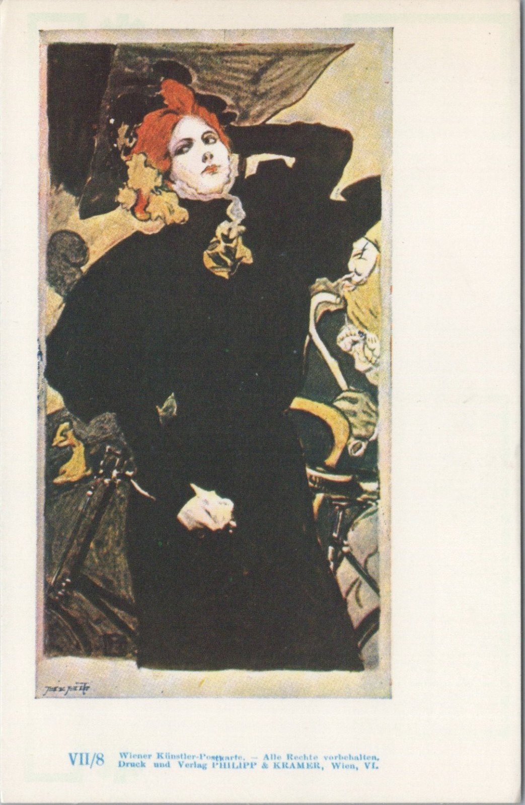 Art Postcard: Wiener Kunstler Postkarte Red Hair Woman Black Dress 1977 XT5636