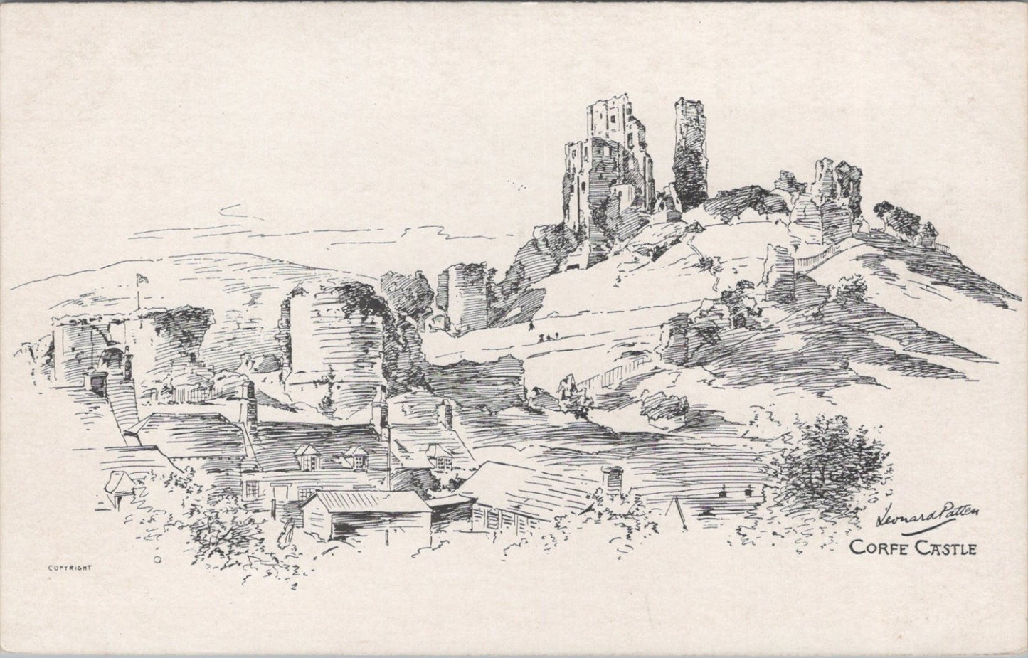 Dorset Postcard: Corfe Castle Ruins, Village, Leonard Patten Sketch 1900's XT3561