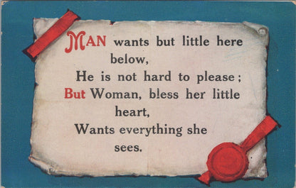 Humorous Parchment Scroll Comic Verse Poem Postcard Seal Man Woman Theme XT3501