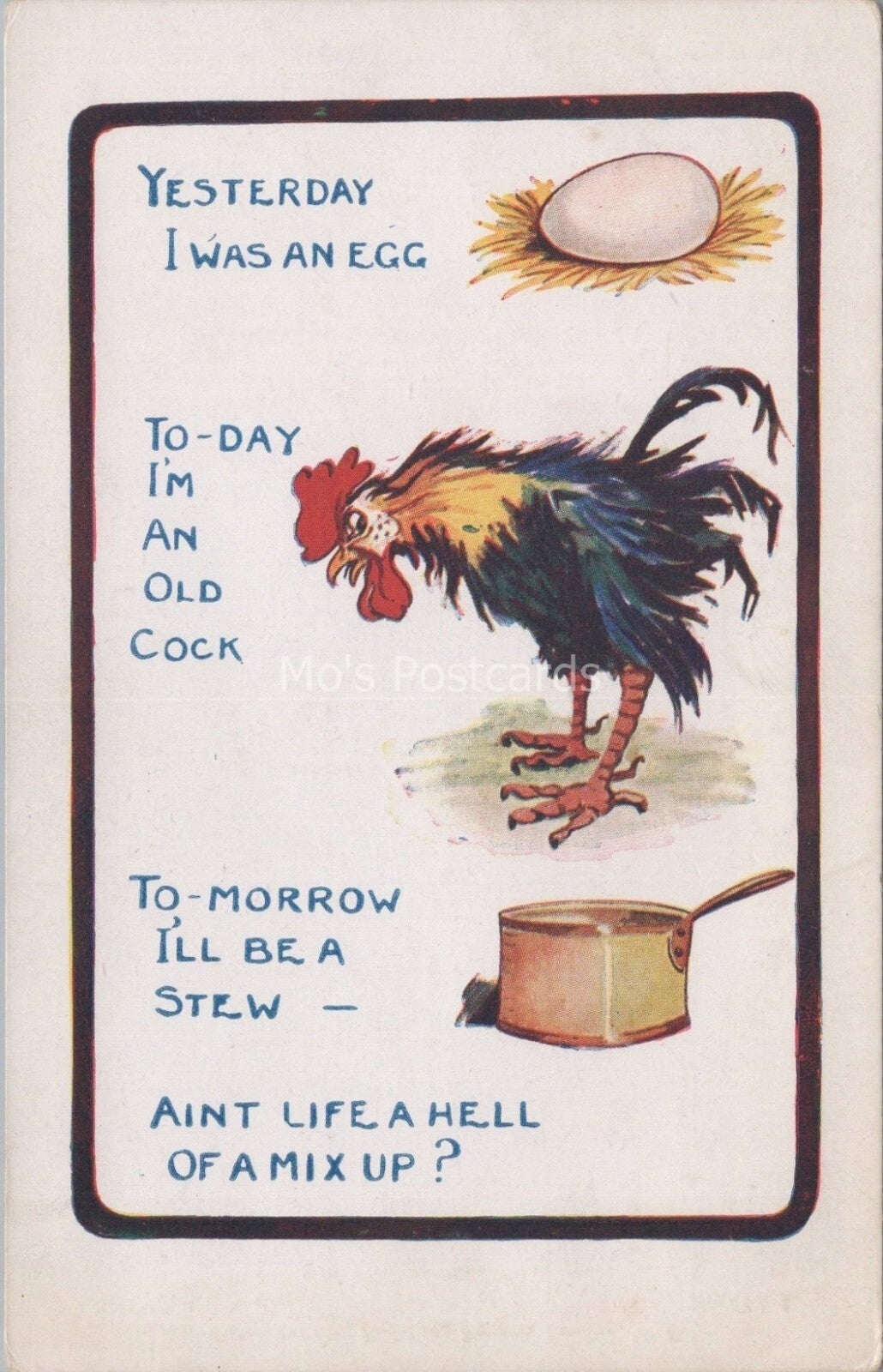 Humour Postcard: Yesterday I Was An Egg Rooster Cockerel Comic 1910s XT3740