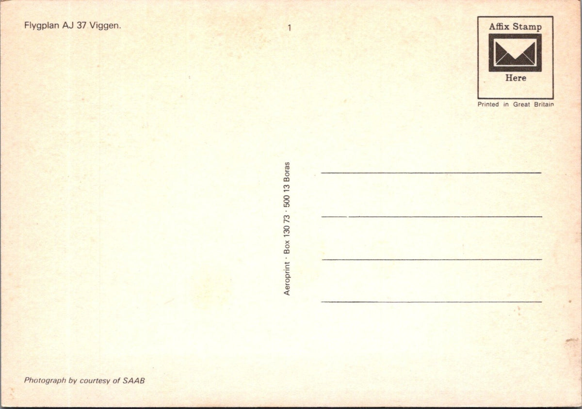 Military Postcard: Swedish Air Force Saab AJ37 Viggen Aeroprint 1970s XT5155