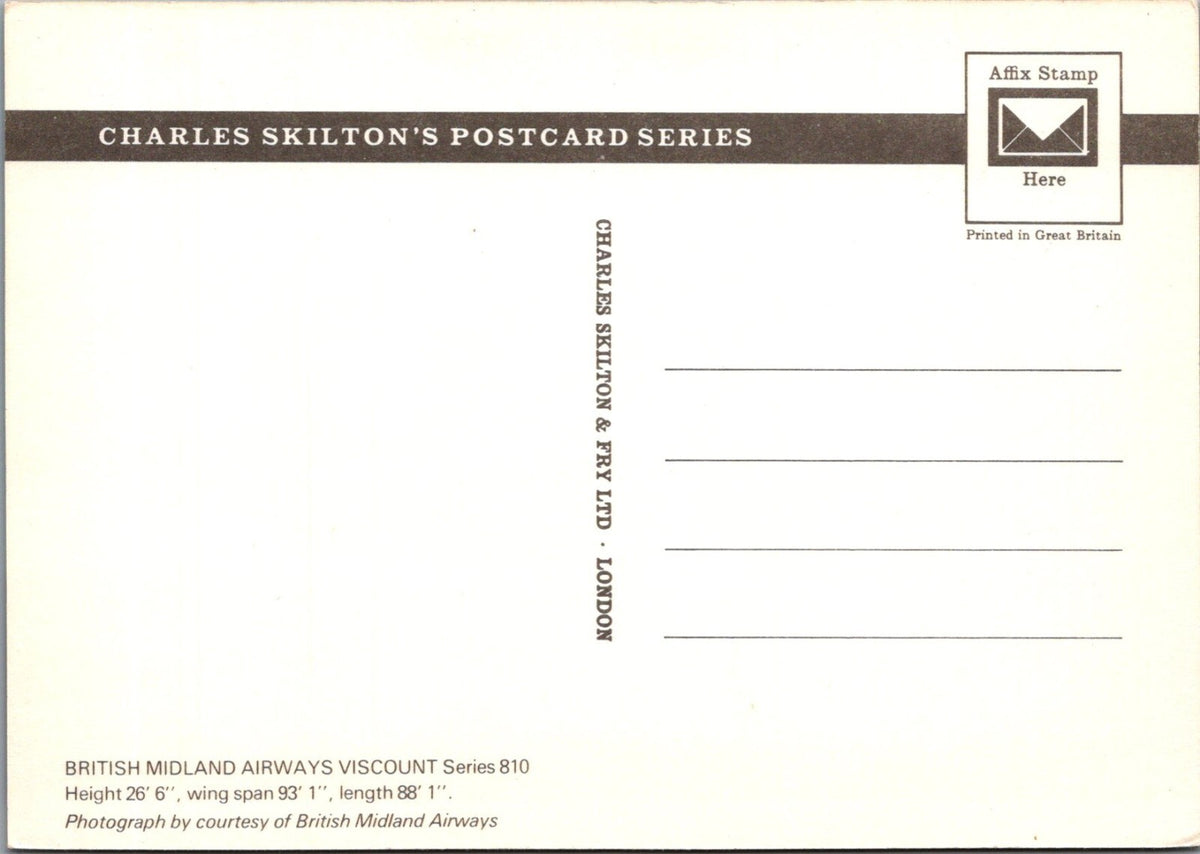 Aviation Postcard: British Midland Airways Viscount Series 810 Airplane XT5197
