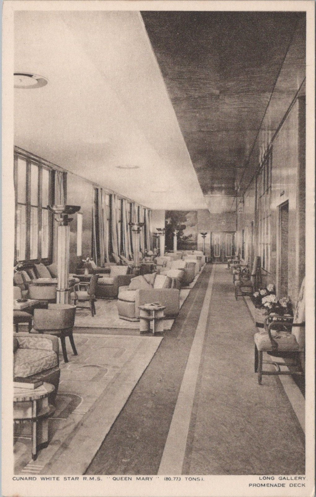 Ship Postcard: Cunard White Star RMS Queen Mary Long Gallery Interior 30s XT5264