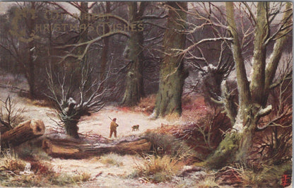 Christmas Postcard: Winter Forest Scene With Hunter Dog And Snow 1907 XT5025