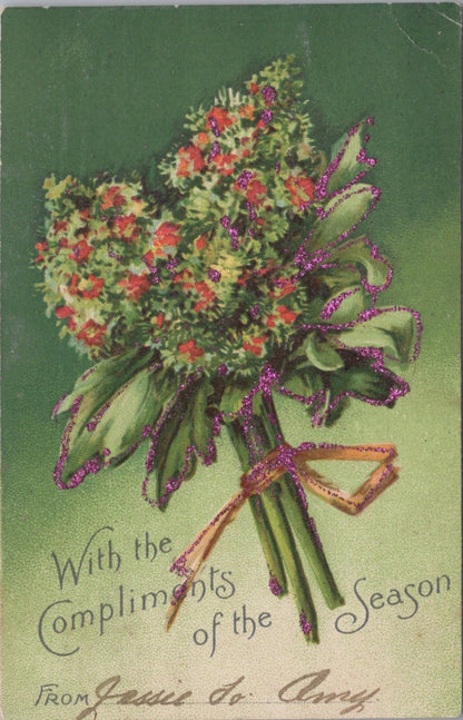 Christmas Postcard: Floral Bouquet Glitter Mignonette Bouquet 1900s XT4980
