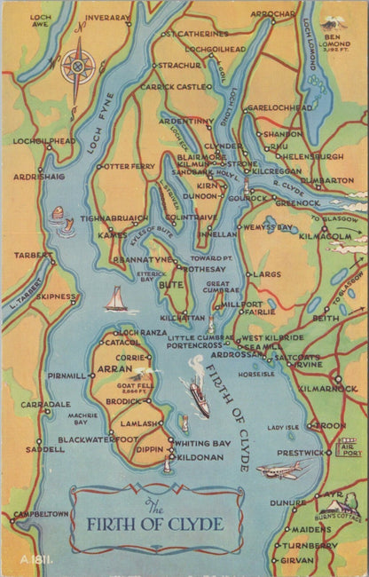 Scotland Postcard: The Firth Of Clyde Map Illustrated Multicolour 1960's XT5621