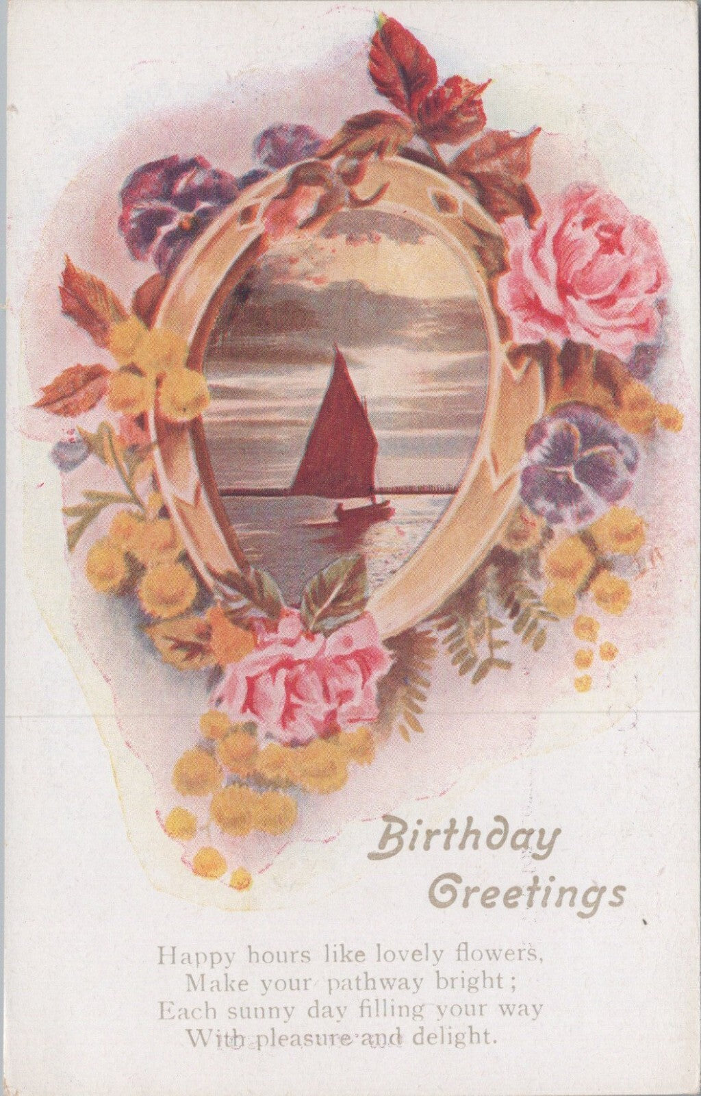 Birthday Postcard: Sailboat Sunset Roses Pansies Poem Australia  XT3639
