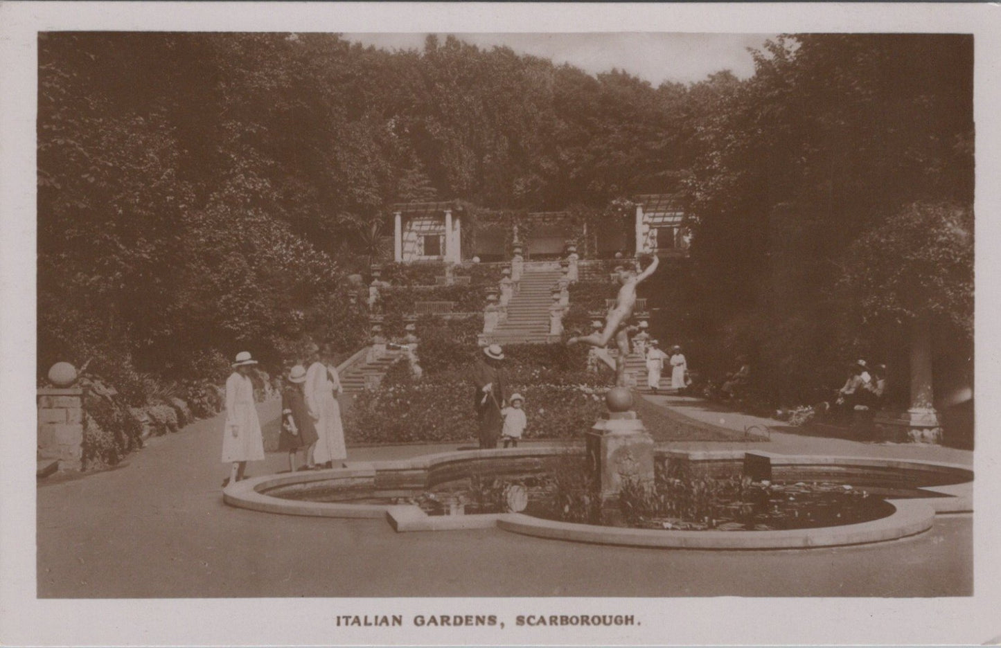 Yorkshire Postcard: Italian Gardens Scarborough Lily Pond Fountain 1920s XT3445