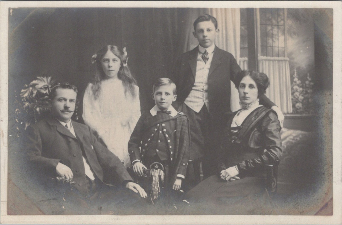 Fashion Postcard: Family Studio Portrait Smart Dress Highland Kilt RPPC  XT5628