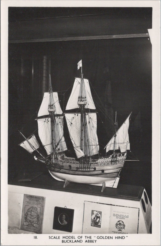 Devon Postcard: Buckland Abbey, Golden Hind Ship Scale Model RPPC 1960s XT5314