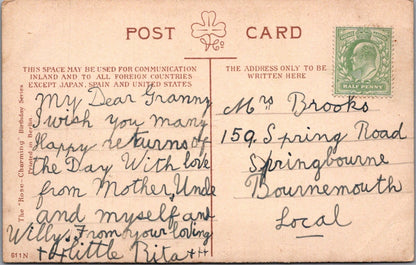 Greetings Postcard: Pink Roses Floral Spray Black Background 1910s XT4982
