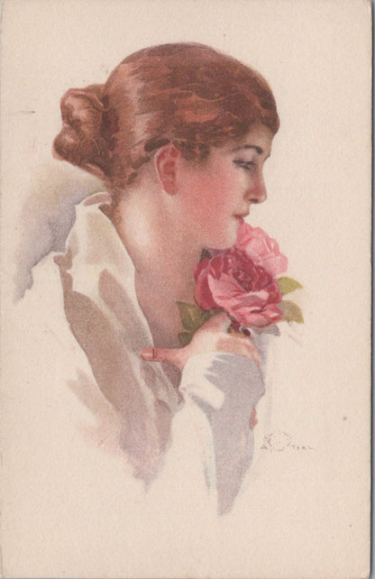 Art Postcard: Beautiful Lady Profile Pink Roses Signed Aleandro Terzi XT3622