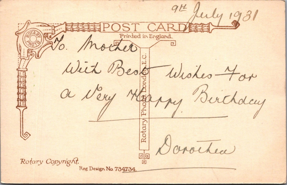 Birthday Postcard: Pink Yellow Roses Green Vase Pearl Necklace Scroll XT4990