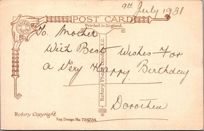 Birthday Postcard: Pink Yellow Roses Green Vase Pearl Necklace Scroll XT4990