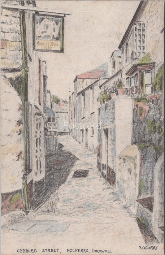 Cornwall Postcard:Cobbled Street Polperro House On Props Artist N.G.Curry XT4268