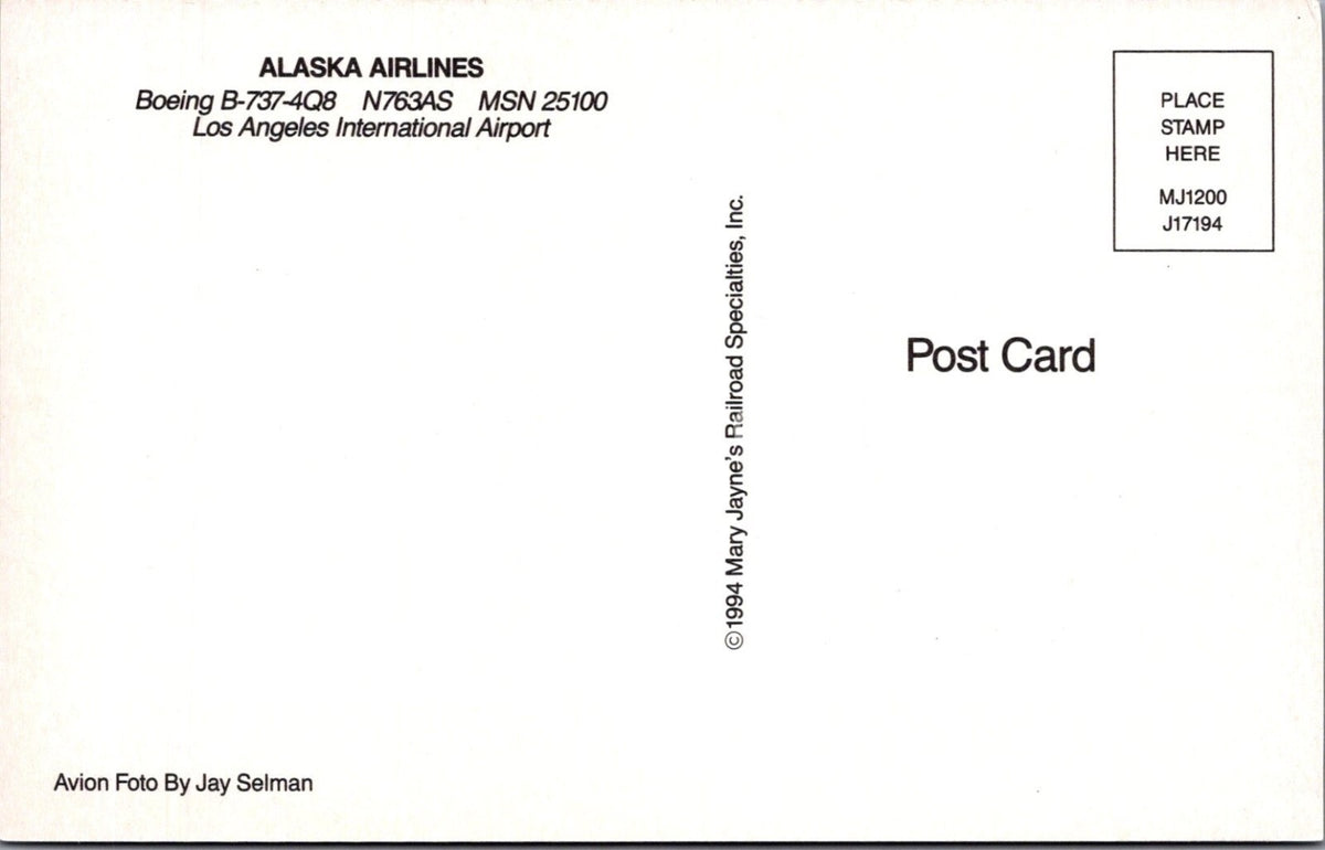 Aviation Postcard: Alaska Airlines Boeing 737 Los Angeles Airport 1994 XT4067