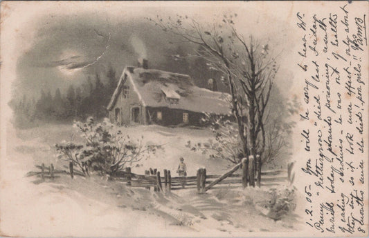 Winter Postcard: Snow Covered Cottage Moonlight Landscape Scene 1905 XT5647
