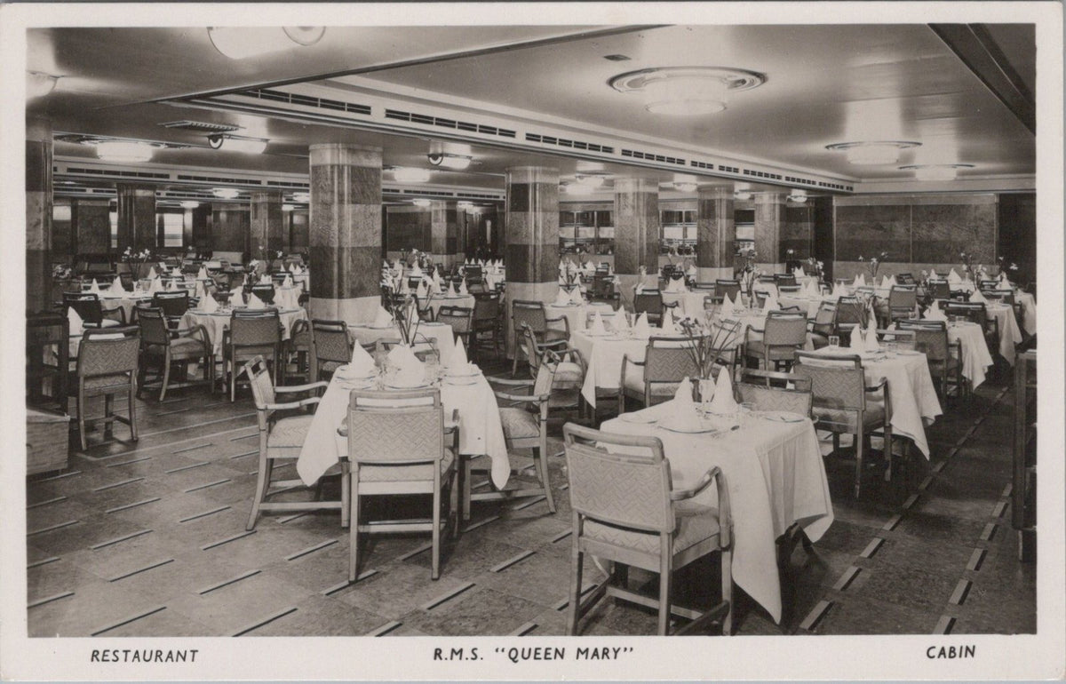 Ship Postcard: Cunard RMS Queen Mary Cabin Class Restaurant Interior RPPC XT5266
