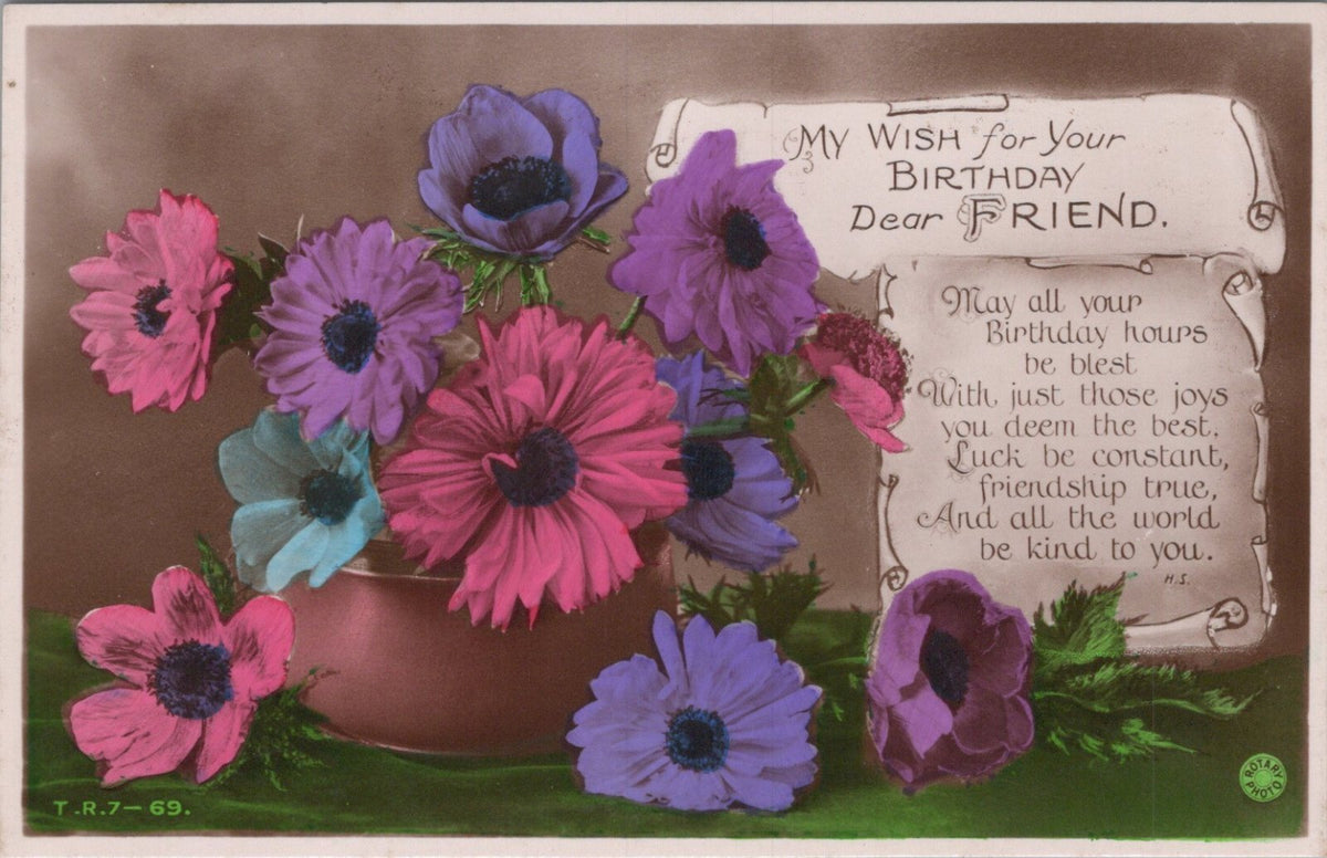 Birthday Postcard: Purple Pink Anemone Flowers Bowl Verse Scroll 1910s XT4988
