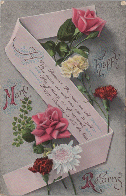 Greeting Postcard: Many Happy Returns Scroll Roses Carnations Verse 1914 XT3618