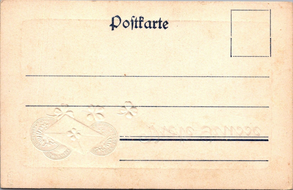 Greetings Postcard: Viele Grüsse Four Leaf Clovers Coins Envelope 1900s XT4985