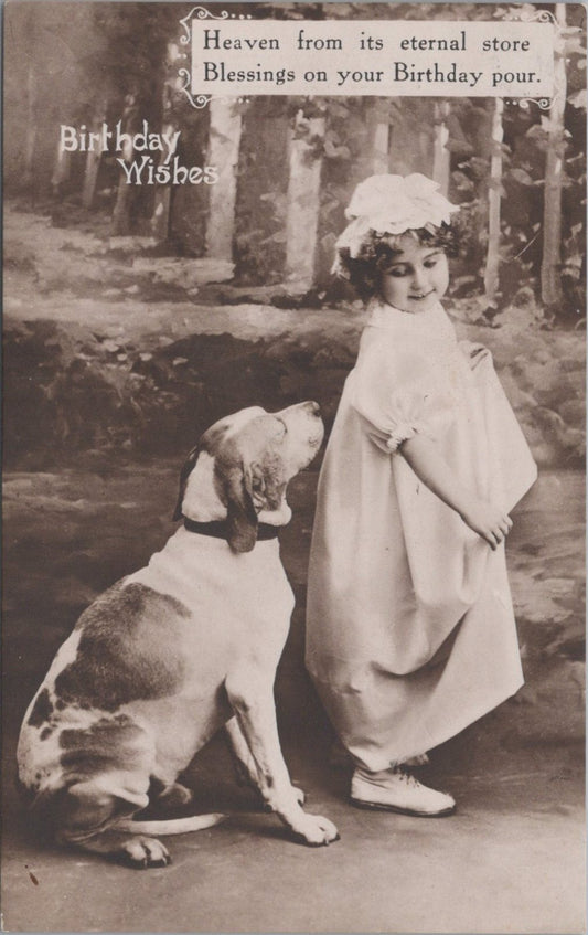 Birthday Postcard: Young Girl White Dress Faithful Dog Birthday Wishes XT5591