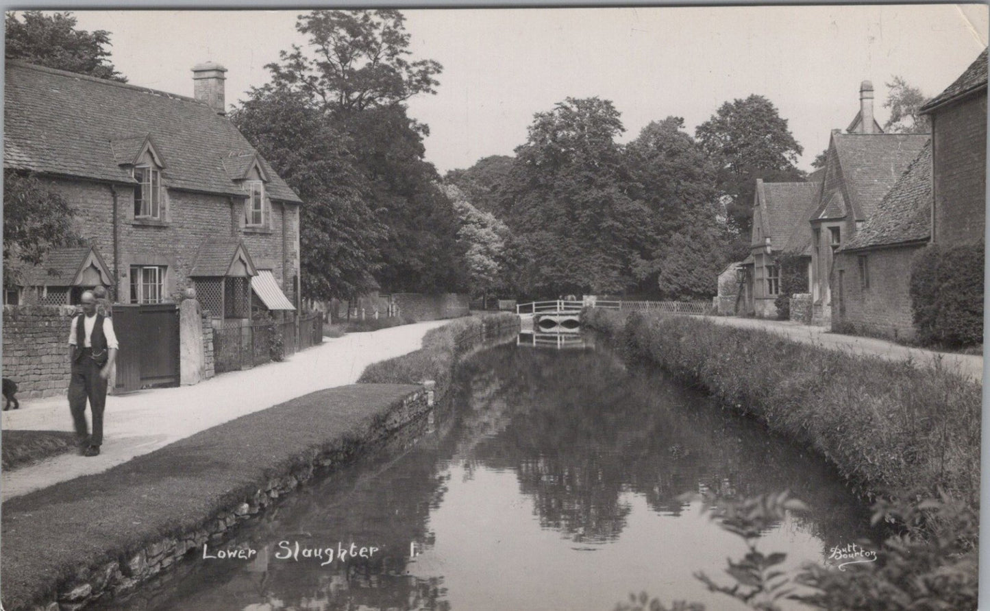 Gloucestershire Postcard: Lower Slaughter River Eye Cottages Man Walking XT4585