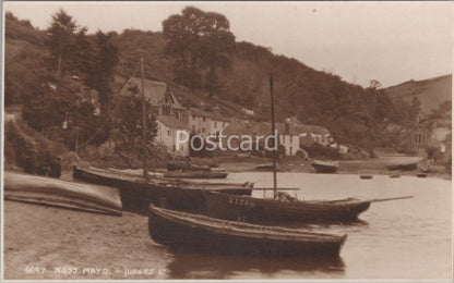 Devon Postcard:Noss Mayo, Newton Creek, Fishing Boats Houses,RPPC c1930's XT4432